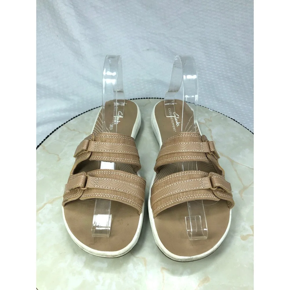 Clarks Cloudsteppers Slide Sandals Women 8 Tan Adjustable Straps Summer Comfort
